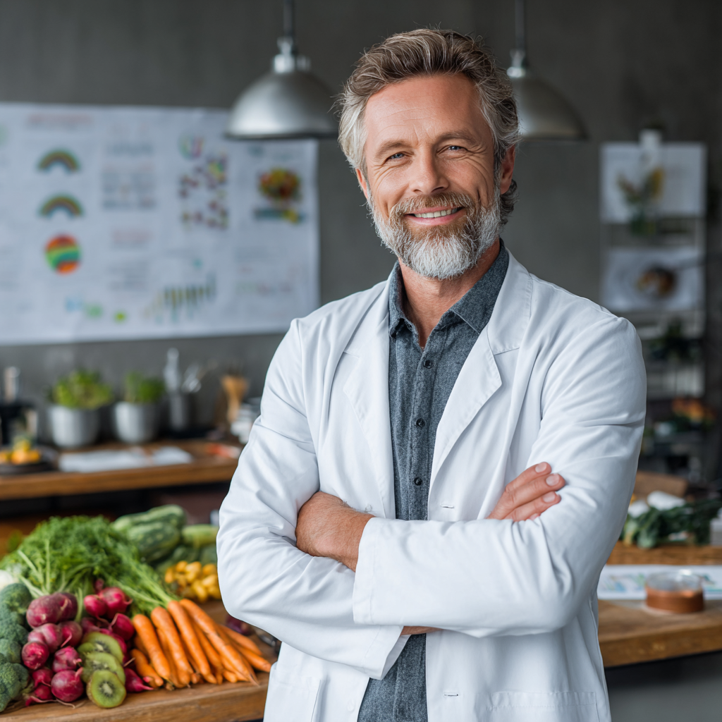 Confident male nutrition consultant in his late forties wearing a white lab coat, standing in a modern clinic with healthy food samples and nutritional charts displayed on the desk behind him