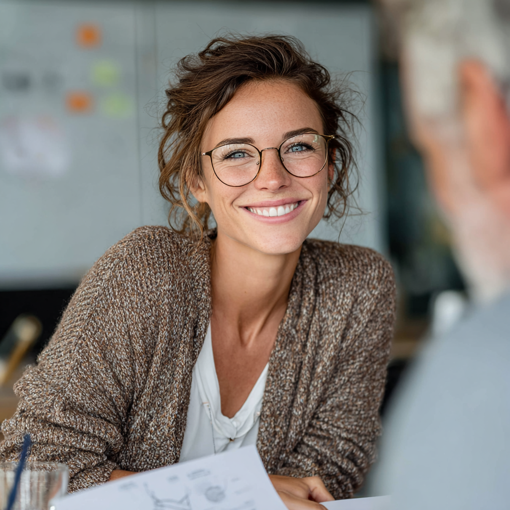 Smiling professional nutritionist in her early forties with glasses consulting with a middle-aged client in a modern bright office, reviewing healthy meal plans and nutritional charts together